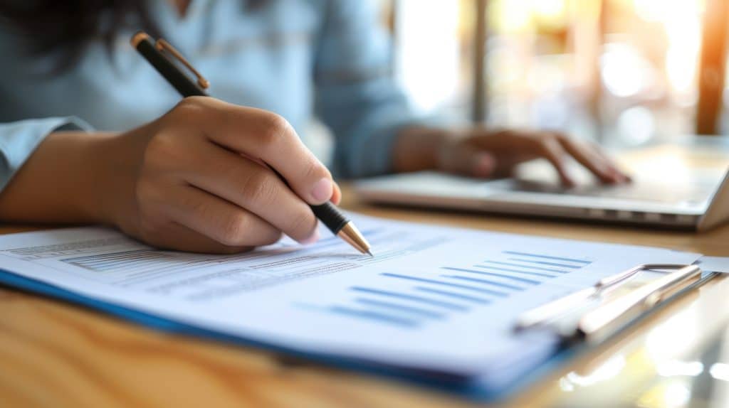 La main d'une RH pointe avec un stylo un diagramme en barre montrant le niveau de compétence d'un collaborateur.