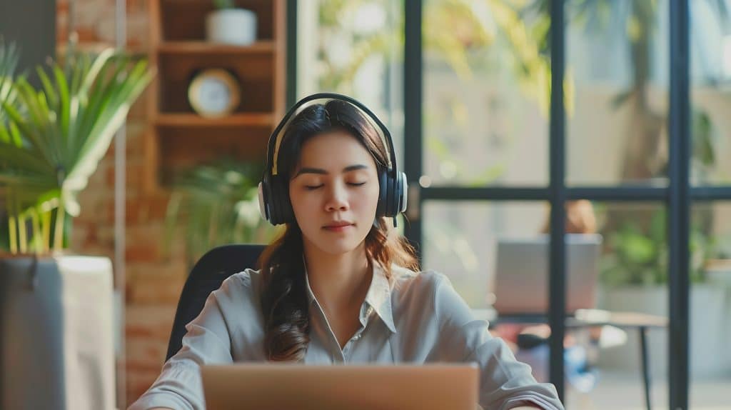 Une femme assise devant un ordinateur portable avec un casque audio ferme les yeux pour se relaxer.