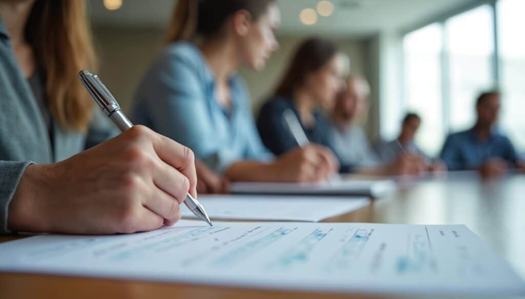 close up of people writing on feedback forms at seminar. attendees measure survey, questionnaire success, providing input for ongoing improvement. reviewing results, participation, tracking, scoring,