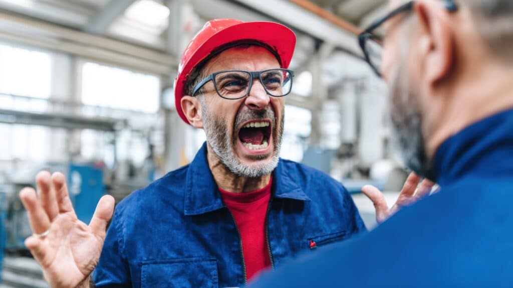 workplace confrontation: a tense, heated exchange unfolds within an industrial setting, as two employees engage in an intense argument, filled with anger and conflict.